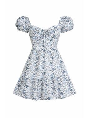 Trixxi Blue & White Floral Puff Sleeve Tiered Mini Dress - Size Medium